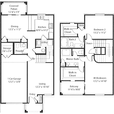 Floor plan for 2 beds, 2.5 baths, 1486 sqft